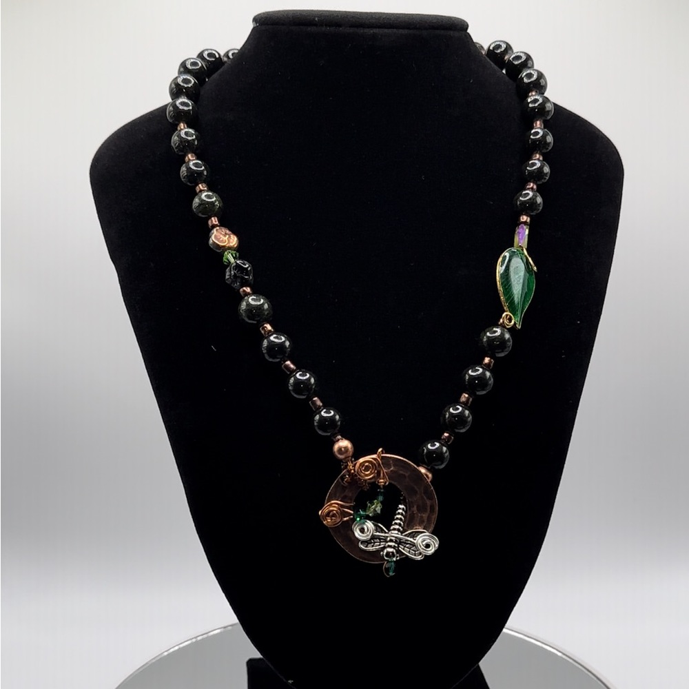 *RARE* Black Obsidian Glass Crystal Copper Necklace with Emerald Green Pendant
